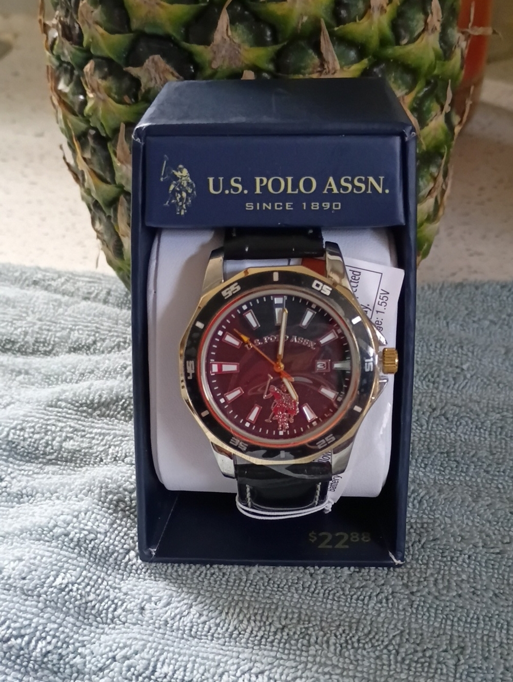 U.S. Polo Assn. Men's Gold-Tone Bezel Black LEATHER Strap BLACK & SILVER.NWT